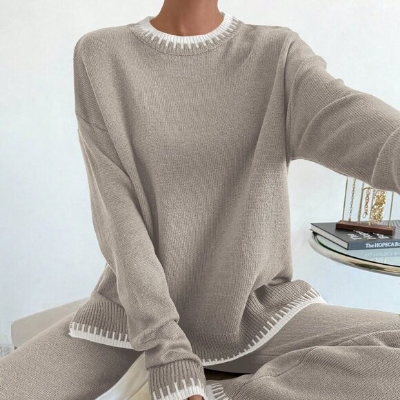 Multicolor Casual Women's Contrast Color Long Sleeve Sweater & Knitted Pants Set - Picture 1 of 6